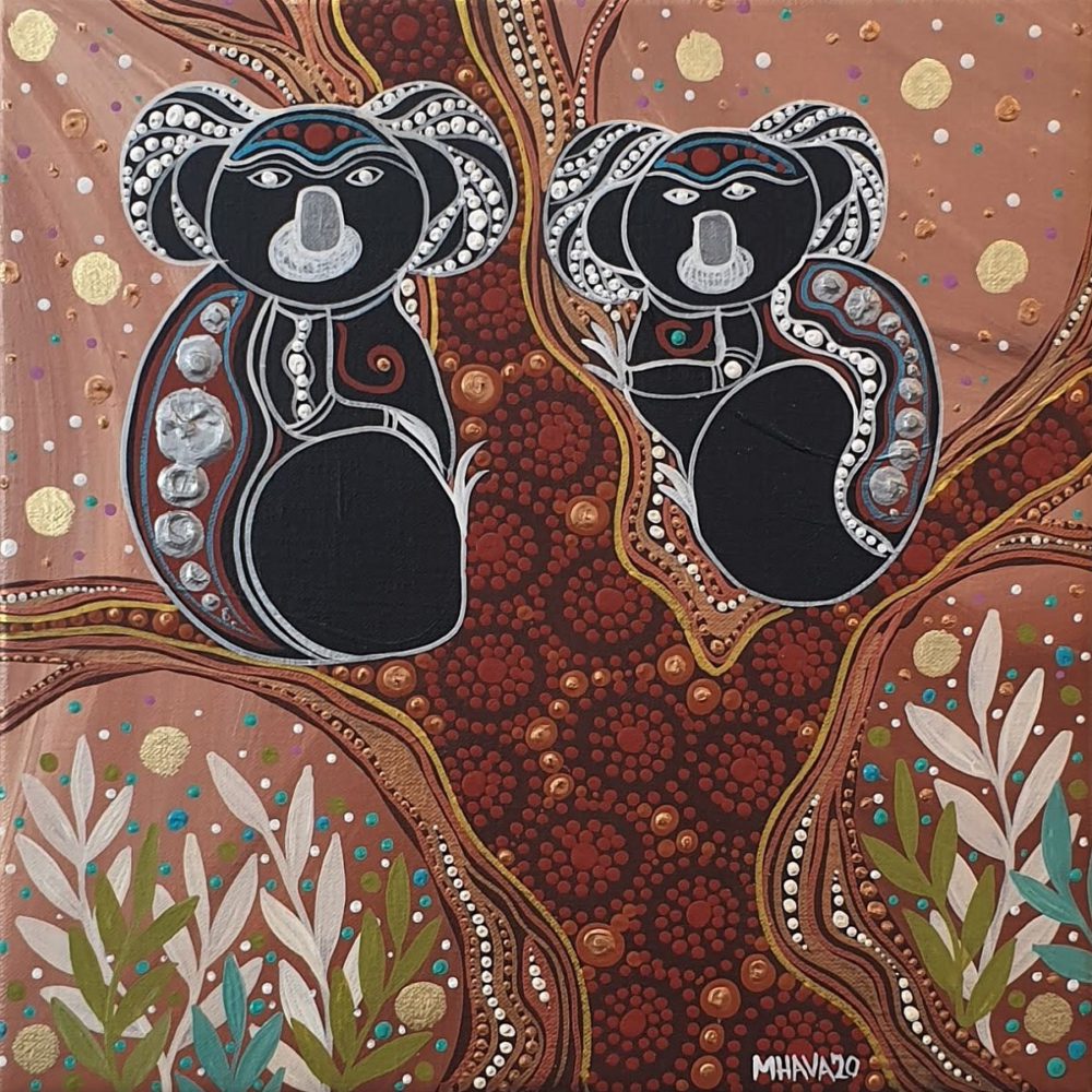 Koalas in tree by Aboriginal Artist Melanie Hava represented by Maliyaa